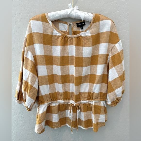 WHO WHAT WEAR | Gold Gingham Peplum Top Puff Sleeve Linen Blend Blouse | Large - Picture 1 of 7
